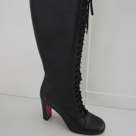 Christian Louboutin Black Tie Up Lace Knee High Boots Black Leather